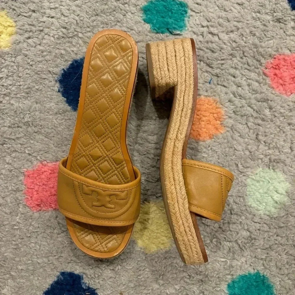Tory Burch Tan Leather Slide Espadrille Sandals